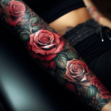 Beautiful rose tattoo ideas to celebrate love and passion. #ai #tattoo #tattoo_for_woman #tattoo_ideas #tattoo_for_man Wrist Rose Tattoos For Women, Rose Sleeve Tattoo, Red Roses Tattoo, Flesh Tattoo, Rose Tattoo Ideas, Tattooed Man, Pink Rose Tattoos, Tattoo Thoughts, Nice Tattoos