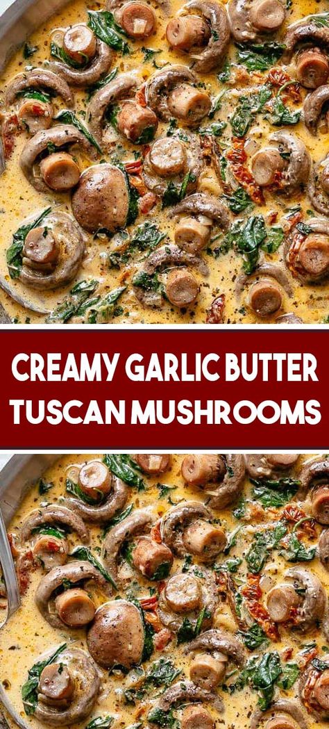 Creamy Garlic Butter Tuscan Mushrooms Tuscan Mushrooms, Tuscan Chicken Recipe, Creamy Tuscan Garlic Chicken, Creamy Garlic Mushrooms, Weeknight Recipes, Garlic Butter Sauce, Garlic Mushrooms, Creamy Garlic, Quick Dinner Recipes