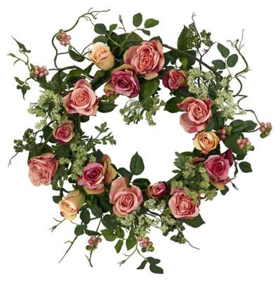 The rose is often seen as the “perfect” flower, and one look at these full, lush blooms and you can see why. We’ve taken those perfect blooms and created an exquisite 20" rose wreath that has to be seen to be believed. Faux roses in full bloom circle the wreath, while leaves and stems provide the ideal backdrop. It’s a beautiful blend of bold color and “wild vibrancy” that is sure to please even the most discerning eye. Easter Mesh Wreaths, Silk Wreaths, Easter Wreath Diy, Front Door Wreaths, Peach Rose, Hydrangea Wreath, Colorful Roses, Artificial Wreath, Rose Wreath