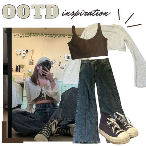 outfit inspo | OOTD | daily outfit | converse | aesthetic | jeans | bandana | outfit | summer outfit | clothes inspo | wide leg jeans | 90s outfits | 2000s outfit | white sweater | outfit inspiration | dream clothes | landing | canva | pinterest outfit | purple | dark jeans | wide jeans | jeans and crop top | cottagecore jean outfit | mirror pic Fairycore Jeans Outfit, Bandana Outfit Summer, Cardigan Jeans Outfit, Jeans And Crop Top, Fairycore Outfit, Outfit Converse, Aesthetic Jeans, Bandana Outfit, White Sweater Outfit