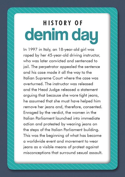 History of Denim Day! Denim Day Awareness Ideas, Denim Day Awareness, Dv Awareness, Joyful Heart Foundation, Damsel In Defense, College Counseling, I Am A Survivor, Survivor Quotes, Driving Instructor