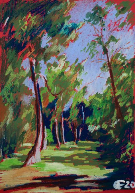 Gouache Oil Pastel, Forest Pastel Drawing, Oil Pastel Impressionism, Forest Oil Pastel, Oil Pastel Landscape, Oil Pastels Painting, Pastel Artwork, Oil Pastel Paintings, Pastel Landscape