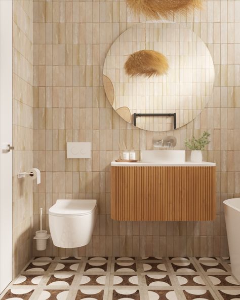 Rustic bathroom with rattan lamp, black towel rack, round mirror, LED mirror, white bathroom accessories, bath, and beige tiles. Bathroom Mirror Lighting, Mod Bathroom, Rattan Bathroom, Mirror Lighting, Bohemian Living Room Decor, White Bathroom Accessories, Compact Bathroom, Mirror Led, Beige Tile