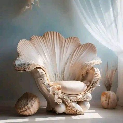 Shell Shaped Bed, Shell Couch, Mermaid Sofa, Mermaid Throne, Sea Shell Display Ideas, Diy Mermaid Decor, Brand Attributes, Seashell Chair, Mermaid Furniture