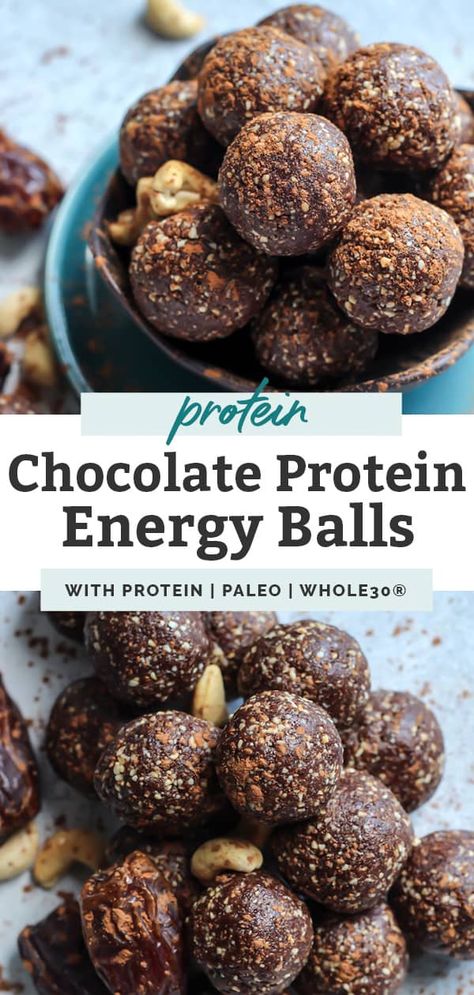 These healthy, no bake Cashew Chocolate Protein Energy Balls require just four ingredients and are so easy. Made with cashews, dates, cocoa powder, and egg white protein, these Paleo snack bites are the perfect meal prep recipe. Naturally gluten free, Whole30, dairy free, easily adapted to be vegan, and jam packed with flavor, these snack balls are super simple, perfectly portable, and totally kid friendly! #healthysnacks #paleo #powerballs #glutenfree #grainfree #cleaneating #whole30 #mealprep Whole30 Protein Balls, Cashew Chocolate, Protein Energy Balls, Energy Balls Healthy, Paleo Snack, Snack Balls, Power Snacks, Protein Balls Recipes, Easy Whole 30 Recipes