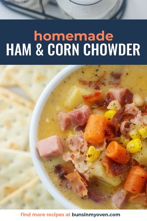 Ham and Corn Chowder, made with potatoes, bacon, ham, and corn. Perfect for using up leftover ham. #recipe #soup Ham And Corn Chowder, Ham Chowder, Potato Corn Chowder, Ham Potato, Leftover Ham Recipes, Dinner Leftovers, Corn Chowder Recipe, Chowder Soup, Sweet Cornbread