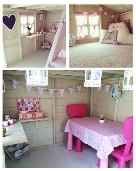 Playhouse interior decor ideas for girls Kids Playhouse Interior Loft, Play House Ideas Interior, Diy Playhouse Interior, Garden Playhouse Interior, Playhouse Interior Ideas Diy, Wendy House Ideas Interior, Playhouse Outdoor Interior, Interior Playhouse, Treehouse Decorating Ideas