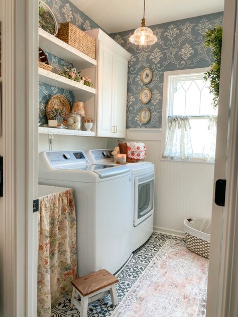 Upgrading my builder grade laundry room was at the top of my DIY list…. Old Style Laundry Room, Laundry Room Glow Up, Classic Laundry Room Ideas, Vintage Inspired Laundry Room, Grand Millennial Laundry Room, Vintage Style Laundry Room, Pantry In Laundry Room Ideas, Cozy Laundry Room Ideas, Cottage Laundry Room Ideas