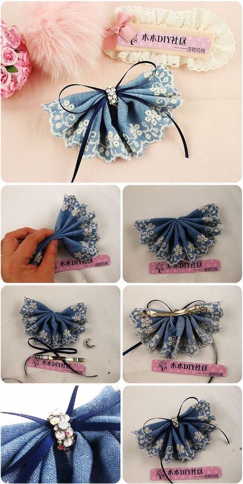 hair bow Dekoratívne Vence, Diy Denim, Bows Diy Ribbon, Diy Bows, Denim Jewelry, Diy Craft Tutorials, Ribbon Art, Fabric Flowers Diy, Denim Crafts