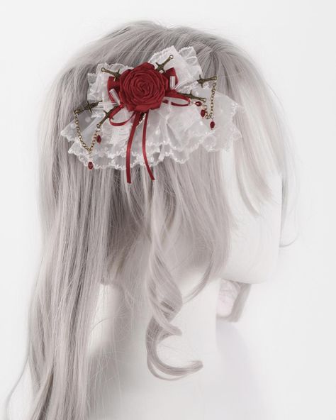 🖤❤️Embrace your dark, elegant side with these stunning Gothic hairclips, hairbands and mini hat. Search👉https://www.devilinspired.com/The-Story-or-She #devilinspired #gothic #gothicstyle #gothicfashion #gothicgirl #lolitacoord #lolitafashionstyle #gothicaccessories Red Bow Aesthetic, Gothic Rose, Steampunk Accessories, Kawaii Dress, The Little Prince, Big Bows, Accessories Ideas, Red Bead, White And Red