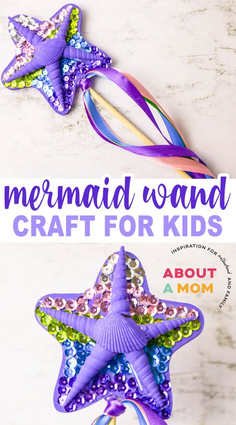 Mermaid DIY Wand Craft for Kids - About a Mom Wand Craft For Kids, Mermaid Diy Crafts, Little Mermaid Crafts, Mermaid Wand, Mermaid Costume Kids, Wand Craft, Mermaid Costume Diy, Diy Mermaid, Mermaid Birthday Party Decorations