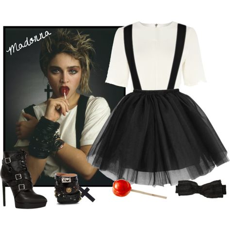 A fashion look from August 2014 featuring special occasion dresses, white top and black booties. Browse and shop related looks. Madonna 80s Fashion, Madonna Outfits, 80s Theme Party Outfits, 80s Dress Up, Madonna Costume, 80s Party Costumes, 80s Fashion Party, 80s Fancy Dress, 80s Party Dress