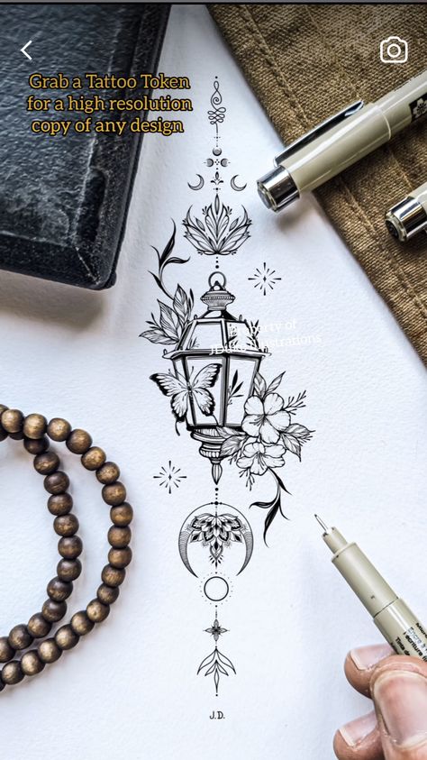 Shine Bright Tattoo, Fairy Witch Cottagecore, Lantern Tattoo Design, Louisiana Tattoo, Herb Tattoo, Vertical Tattoo, Witch Cottagecore, Harry Tattoos, Lantern Tattoo