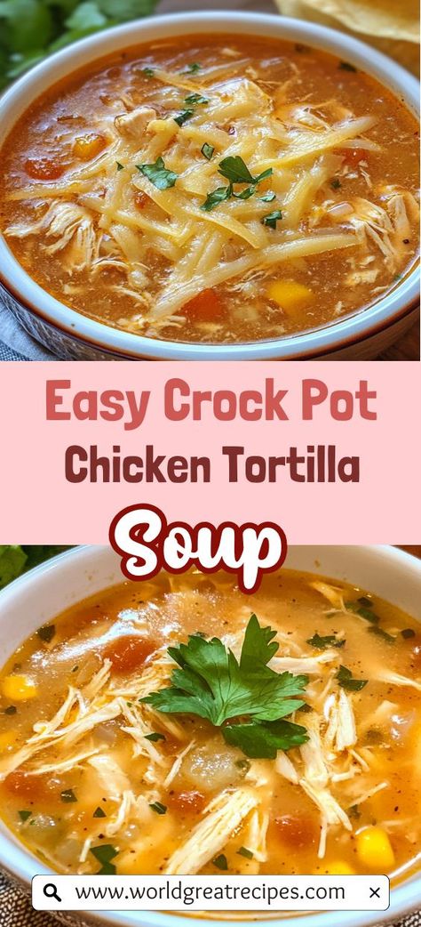 Enjoy a bowl of Healthy and Flavorful Chicken Tortilla Soup made right in your crock pot! This recipe is a delightful blend of lean chicken, fresh veggies, and savory spices, all simmered to perfection. It's perfect for meal prep and can be stored for days, allowing you to savor its deliciousness throughout the week. Top it off with freshly chopped cilantro or crumbled cheese for an extra layer of flavor. Make this nourishing soup your go-to recipe for easy, healthy dinners! Tortilla Soup Recipe Crockpot, Spicy Chicken Tortilla Soup, Crock Pot Chicken Tortilla Soup, Easy Tortilla Soup Recipe, Tuna Healthy, Zucchini Healthy, Best Chicken Tortilla Soup, Broccoli Healthy, Healthy Chicken Tortilla Soup