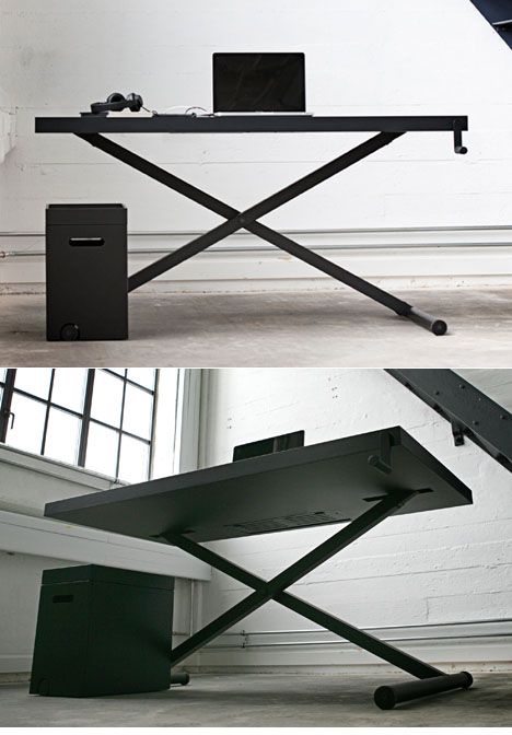 KiBiSi's Height-Adjustable XTable.  It uses a century old principle known from carjacks, ironing boards and other iconic tools. Adjustable Desk Table, Danish Office, Standup Desk, Business Office Ideas, Kickstarter Design, Ironing Boards, Stand Up Desk, Storage Stand, Adjustable Table