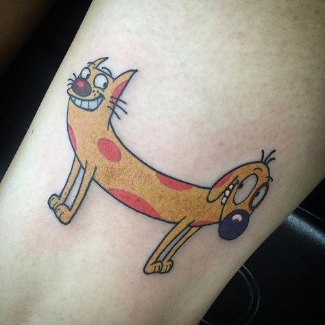 CatDog tattoo @carlybaggins Borderlands Tattoo, Cat And Dog Tattoo, 90s Tattoos, Cute Cat Tattoo, Cat Tattoo Simple, Matching Best Friend Tattoos, Black Cat Tattoos, Silhouette Tattoos, Cartoon Character Tattoos