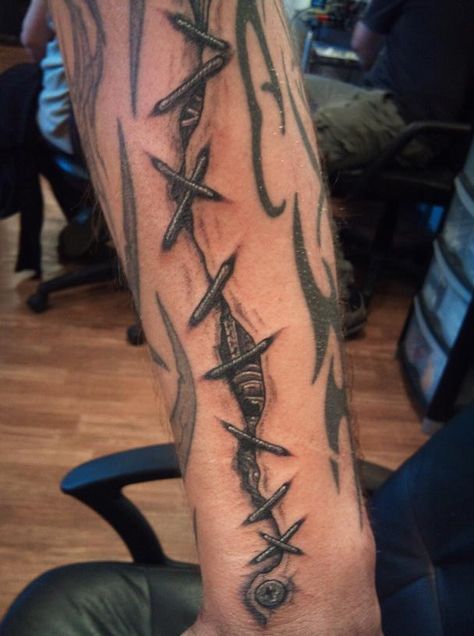 By Rytch Soddy Scary Arm Tattoos, Zip Tattoo, Scythe Tattoo Forearm, Arm Centipede Tattoo, Tattoos Trending, Skull Ripping Through Skin Tattoo, Men’s Cybersigilism Tattoos, Zipper Tattoo, No Tattoo