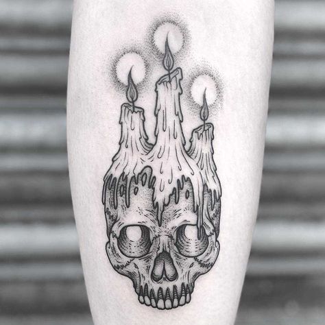 Skull and candles by Lozzy Bones inked on the left calf Skull Candle Tattoo, Candle Tattoo Design, Pirate Skull Tattoos, Voodoo Tattoo, Crow Tattoo Design, Realistic Skull, Occult Tattoo, Candle Tattoo, Goth Tattoo