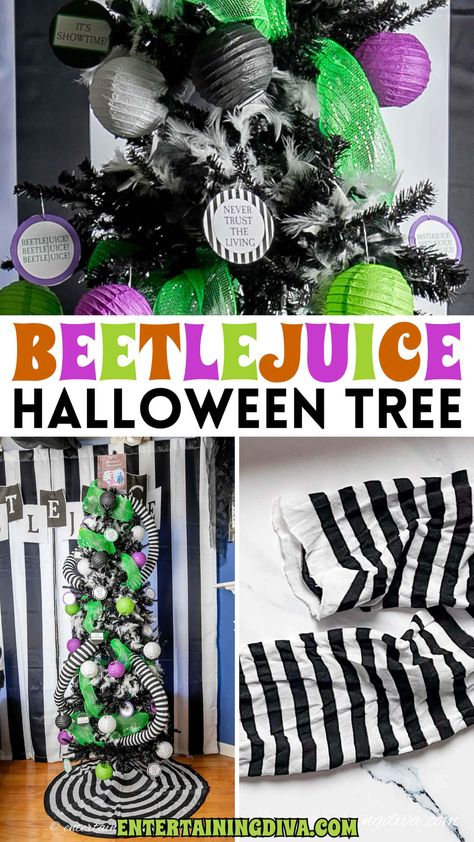 Embrace the whimsical spirit of Tim Burton's classic film with a Beetlejuice Halloween tree. It's the perfect focal point for your Halloween decor. Beetle Juice Tree, Beetle Juice Christmas Tree, Beetlejuice Tree, Beetlejuice Halloween Decorations Diy, Beetlejuice Christmas Tree, Beetlejuice Decorations Diy, Halloween Trees Ideas, Easy Diy Ornaments, Moana Boat