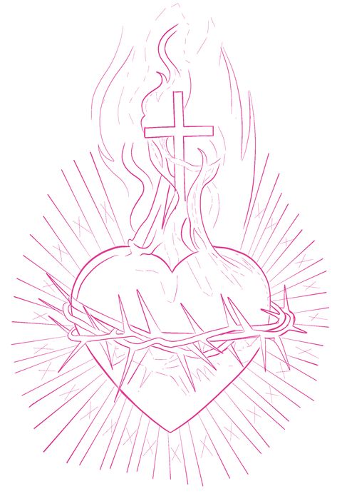 Line Art Tattoo Stencil, Sacred Heart Tattoo Stencil, Devil Heart Tattoo, Heart Tattoo Stencil, Sacred Heart Tattoo Design, Heart With Thorns, Realism Practice, Arm Tattoos Lettering, Neck Tats