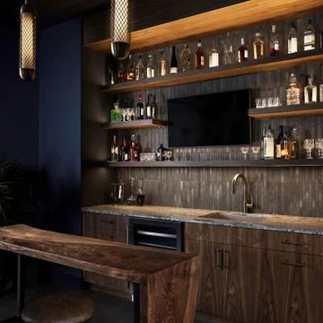 75 Wet Bar with Floating Shelves Ideas You'll Love - April, 2023 | Houzz Home Bar Shelving Ideas, Wet Bar With Floating Shelves, Bar Ideas Outdoor, Bar With Floating Shelves, Wet Bar Ideas, Outdoor Bar Ideas, Bar Renovation, Basement Wet Bar, Wet Bar Designs