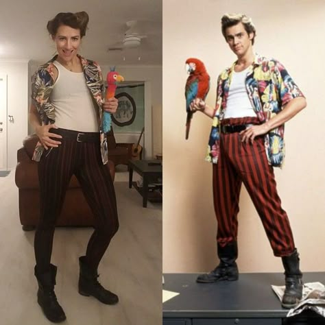 $11 Diy ace ventura costume. Used a toilet paper roll to style hair, shirt from goodwill, pants from tjmaxx. Womens Ace Ventura Costume, Halloween Costumes Ace Ventura, Funny Guys Costumes, 2000s Halloween Costume Men, Ace Ventura Costume Women, Survivor Costume Diy, Ace Ventura Costume Couple, Will Ferrell Halloween Costumes, Gender Bent Halloween Costumes