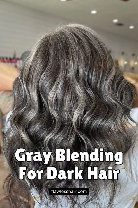 Gray Blending For Dark Hair Gray Blending, Dark Grey Hair, Mushroom Hair, Grey Hair Transformation, Going Grey, Grey Hair Inspiration, Gray Hair Growing Out, Transition To Gray Hair, Blending Gray Hair