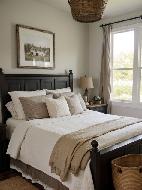 Create a cozy farmhouse feel in your bedroom by incorporating dark wood furniture. Add a distressed wood bed frame, complemented by matching nightstands and a rustic dresser. Finish the look with soft, neutral bedding and farmhouse-inspired decor pieces like a vintage lantern or a woven basket. Bed Inspiration, Cozy Farmhouse Bedroom, Dark Wood Bed, Rustic Dresser, Dark Wood Furniture, Neutral Bedding, Wood Bed Frame, Wood Bed, Farmhouse Bedroom Decor