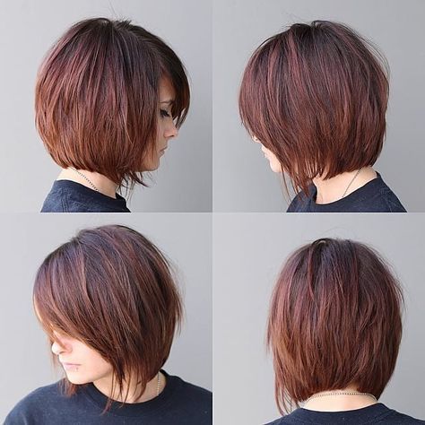 This Warm Brunette Shaggy Bob with Fringe and Side Swept Bangs is a great modern cut for someone seeking a chic versatile style. This short shaggy bob can be worn polished or messy, by adding textured waves and volume. It's a great style to easily help you flow from work to play. Styling tips for this shaggy bob and other similar short hairstyles can be found at Hairstyleology.com Brunette Shaggy Bob, Bob With Side Swept Fringe, Bangs Short Hairstyle, Blow Dry Hair Straight, Side Swept Fringe, Bob Pendek, Bob With Fringe, Shaggy Bob Haircut, Warm Brunette