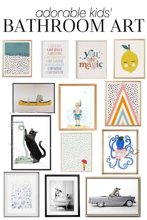 A roundup of art options perfect for kids' bathrooms. Cute, quirky, and whimsical art ideas for kid spaces. Whimsical Art Ideas, Kids And Guest Bathroom Ideas, Quirky Bathroom Ideas, Kids Guest Bathroom Ideas, Boy Bathroom Ideas, Fun Kids Bathroom, Bathroom Cute