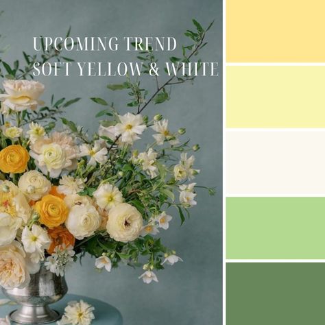 Soft yellows and whites are the new must-have wedding colour palette for 2025. Paired with lush greenery, this combination creates a fresh and romantic vibe, perfect for spring and summer weddings. Save this pin for wedding flower inspiration and bring your dream day to life with bespoke, eco-friendly florals. Want to know more? Click the link for our blog Green Yellow Wedding Colors, White Green And Yellow Wedding, 2025 Wedding Flower Trends, Yellow And Sage Wedding, Yellow Green Wedding Theme, Wedding Color Palette Yellow, Yellow Wedding Colors Schemes, Green And Yellow Wedding, Yellow And Green Wedding