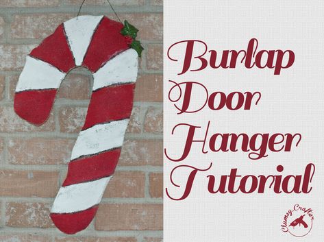 How to make a burlap door hanger — Clumsy Crafter Burlap Door Hangers Diy, Burlap Pumpkin Door Hanger, Door Hanger Tutorial, Burlap Painting, Painted Burlap Door Hangers, Burlap Door Hangings, Door Hanger Templates, Burlap Cross, Burlap Pumpkins