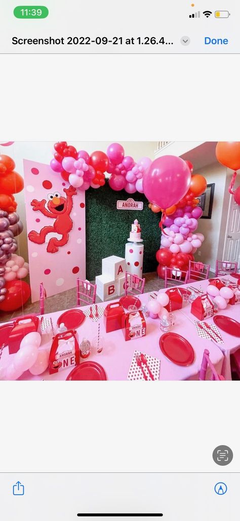 Pink And Red Elmo Party, Elmo And Abby Birthday Party Girl, Sesame Street Birthday Party Ideas 1st Girl, Girly Elmo Birthday Party Decoration, Elmo Abby Birthday Party Girly, Pink Sesame Street Birthday, Elmo Second Birthday Girl, Elmo Birthday Party Girl 2nd, Elmos World Birthday Party Girl