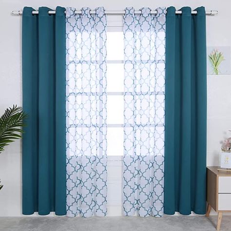 Amazon.com: BONZER Mix and Match Curtains - 2 Pieces Moroccan Print Sheer Curtains and 2 Pieces Blackout Curtains for Bedroom Living Room Grommet Window Drapes, 37x95 Inch/Panel, Teal, Set of 4 Panels : Home & Kitchen Mix And Match Curtains, Blue Curtains Living Room, Moroccan Print, Contemporary Curtains, Blackout Panels, Layered Curtains, Curtains For Bedroom, Sheer Curtain Panels, Moroccan Pattern