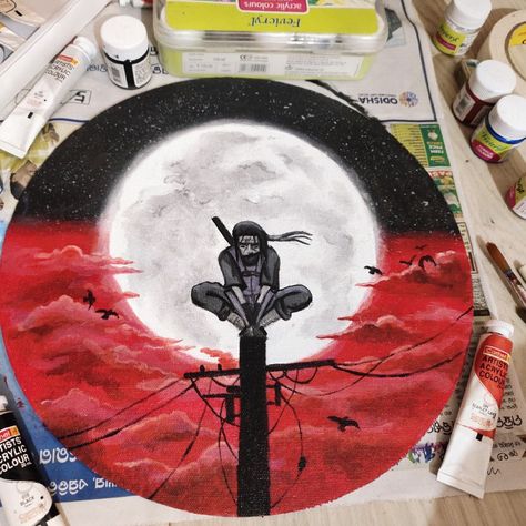 Naruto. Itachi Uchiha, Uchiha clan massacre night. Itachi on electric pole. Itachi Acrylic Painting, Naruto Acrylic Painting, Itachi Painting, Painting On Round Canvas, Night Acrylic Painting, Diy Merch, Naruto Itachi, Naruto Painting, Naruto Eyes