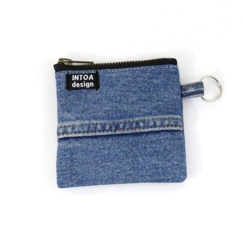 "Zippered coin pouch made of denim from recycled jeans. E.g. credit cards also fit in. Size: 11 cm x 11 cm (4.3\" x 4.3\"). Washing at or below 40oC (warm). Medium blue denim Express shipping available in checkout." Denim Coin Purse, Upcycling Jeans, Upcycled Jeans, Bag Pattern Free, Denim Purse, Multipurpose Bag, Recycled Jeans, Denim Ideas, Upcycle Jeans