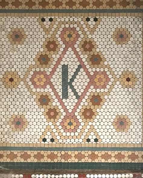 Historic Körner's Folly on Instagram: "Penny for your thoughts? Penny Tiles (also called Penny Rounds) have been around since the late 1800s, but have origins as far back as mosaic floors found beneath the ashes of Pompeii. Thanks to the industrial revolution and the 1876 World's Fair, the penny tile gained popularity in America during the Victorian Era. Pre-mounted sheets of 1" ceramic mosaic tiles (in a range of geometric shapes like honeycomb, pennyround, and square) made intricate designs l Penny Tile Design, Penny Tiles, Mosaic Floors, Penny For Your Thoughts, The Industrial Revolution, Penny Tile, Penny Round, Ceramic Mosaic, Ceramic Mosaic Tile