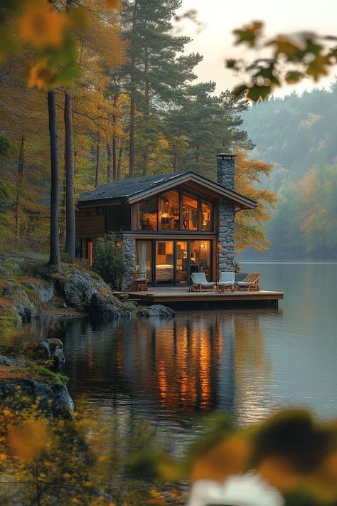 Tiny Home on private lake Tiny Lake Cottage, Small Lake Cottage Interiors, Tiny Lake House, Small Lake Cottage, Small Lake Houses, Private Lake, Futuristic Home, Lake House Plans, Cottage Interior