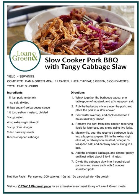 Lean Dinners, Sugar Free Barbecue Sauce, Lean Protein Meals, Pork Bbq, Optavia Recipes, Lean And Green, Lean Meals, Lean And Green Meals, Cabbage Slaw