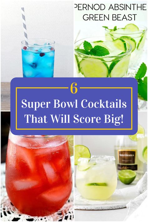 Collage of 4 super bowl cocktails. Super Bowl Drinks Alcoholic Easy, Superbowl Cocktail Recipes, Drinks For Super Bowl Party, Super Bowl Cocktails 2024, Super Bowl Drinking Games, Super Bowl Drinks Alcoholic, Super Bowl Drink, Football Cocktails, Super Bowl Party Drinks