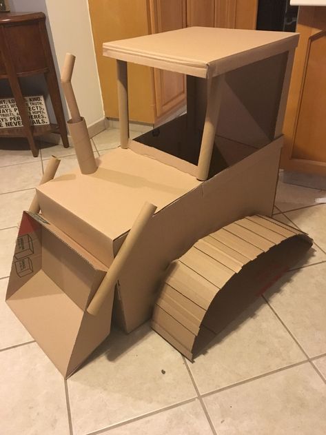 Cardboard Bulldozer Diy, Cardboard Excavator Diy, Diy Cardboard Construction Vehicles, Construction Decorations Diy, Excavator Birthday Party Ideas, Cardboard Construction Vehicles, Construction Site Party, Construction Vbs Decorations, Cardboard Bulldozer