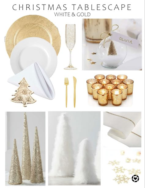 Gold And White Christmas Dining Table, Christmas Table Silver And Gold, Gold And White Christmas Table Setting, White And Gold Christmas Party Decor, Christmas Table White And Gold, White And Gold Christmas Decor Table, Gold And White Christmas Table Decor, White And Gold Christmas Table Decor, White Christmas Dinner Table Decor