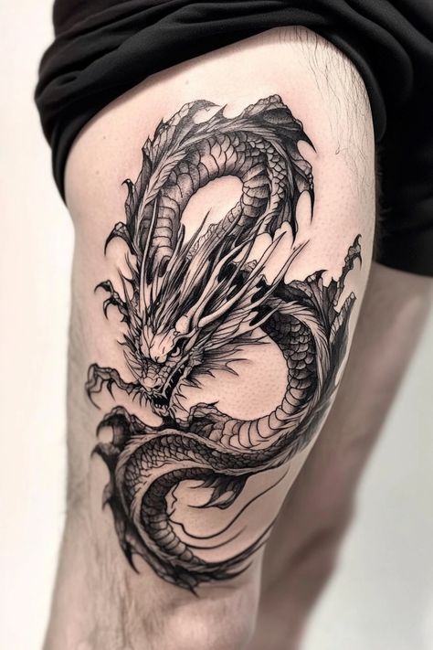 Intricate black and white dragon tattoo on a person's thigh. Fire Tatoos Ideas, Black And Grey Dragon Tattoo, Unique Dragon Tattoo, Dragon Tattoo Realistic, Dragon Thigh Tattoo, Traditional Japanese Dragon, Grey Dragon, Thigh Tattoo Men, Flame Tattoo