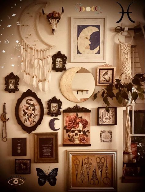 Witchy Gallery Wall Ideas, Western Witchy Decor, Spooky Gallery Wall, Goth Boho Decor Bedroom, Whimsigoth Gallery Wall, Whimsigoth Wall Decor, Witchy Gallery Wall, Witchy Classroom, Goth Gallery Wall