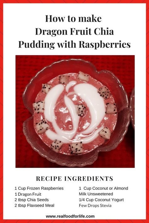 This is for sure a delicious chia pudding made with dragon fruit and raspberries.  Of course, it is vegan and sugar-free as all the recipes on Real Food for Life are and I have to say delicious too. #veganpuddingrecipe #dragonfruit #vegandessertrecipedairyfree #vegandessertrecipe  #vegandragonfruitpuddingrecipe #dragonfruitvegandessert Fruit Chia Pudding, Dragon Fruit Benefits, Vegan Pudding, Fruit Pudding, Dragon Fruit Smoothie, Pumpkin Pudding, Raspberry Recipes, Fruit Compote, Favorite Pie