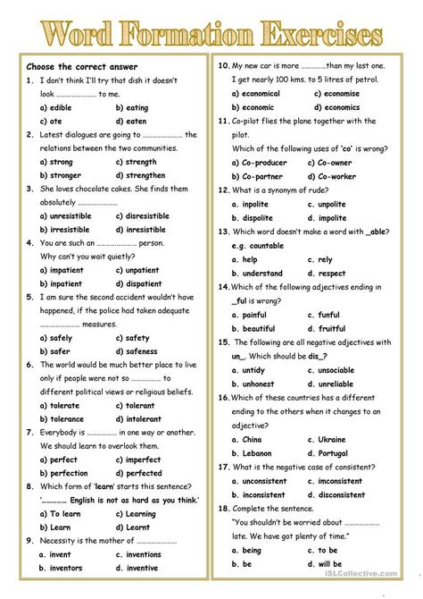 WORD FORMATION - English ESL Worksheets for distance learning and physical classrooms Adult Worksheets, English Grammar Test, Word Formation, English Exam, Grammar Exercises, English Exercises, Teaching English Grammar, English Grammar Worksheets, Grammar Practice