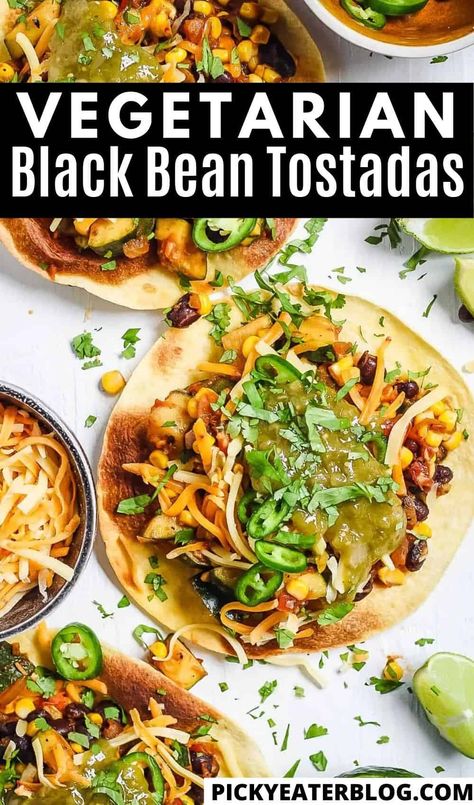 These healthy Black Bean Tostadas are made with zucchini and corn and are oh, so delicious. Crispy tortillas are topped with flavorful black beans and fresh vegetables for a nutritious and flavorful Mexican meal. Out-of-this-world good, these vegetarian tostadas are perfect for Meatless Monday and are better than take out! Healthy Vegetarian Lunch Recipes, Vegetarian Tostadas, Veggie Recipes Easy, Black Bean Tostadas, Friday Meals, Healthy Mexican Food, Bean Tostadas, Healthy Vegetarian Lunch, Meal List