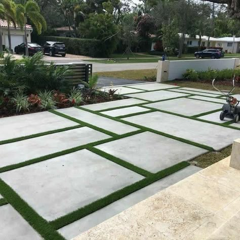 Patio Landscape Design, Grass Pavers, Terraced Landscaping, Pavers Backyard, Concrete Patio Designs, Driveway Design, Front Yard Landscaping Simple, Front House Landscaping, Stamped Concrete