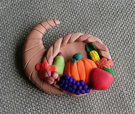 Thanksgiving Harvest Cornucopia Polymer Clay Magnet | by Jennie Ivins Polymer Clay Magnet, Craft Projects For Adults, Construction Paper Crafts, Thanksgiving Harvest, Thanksgiving Craft, Halloween Clay, Clay Magnets, Projects For Adults, Magnet Crafts