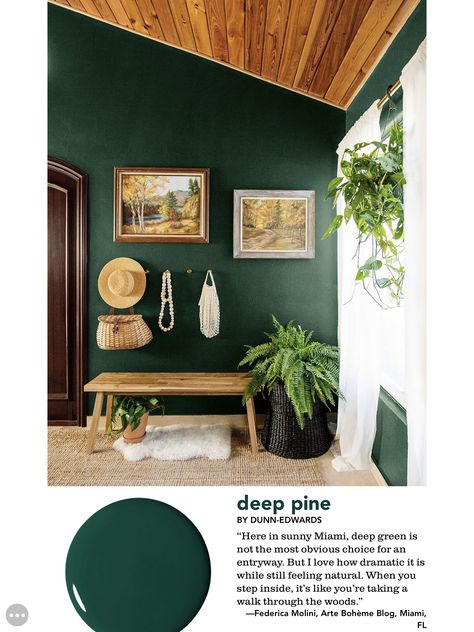 Deep Pine Paint, Dark Green Wall Interior Design, Deep Pine Dunn Edwards, Botanical Interior Design Living Rooms, Phthalo Green Room, Deep Green Wall Color, Pine Green Room, Pine Green Wall, Dark Green Wall With Plants